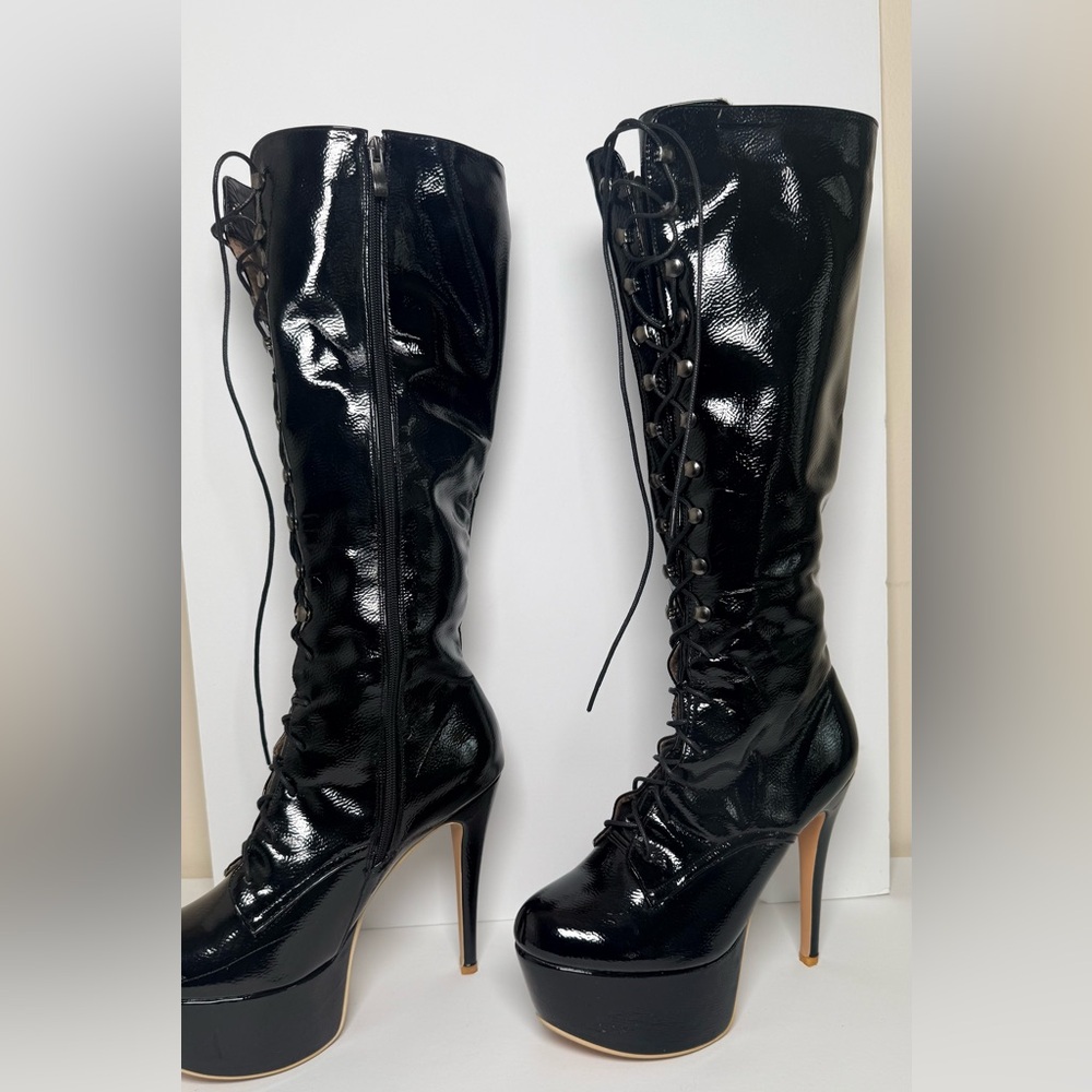 Elegant Black Lace-Up Knee-High Boots - sz 11